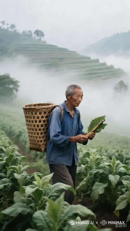 4K，浅景深，晨雾弥漫的云南梯田烟田，老农身着蓝布衫，手持竹编烟叶夹，镜头从左向右横移 by Hailuo AI Video Generator