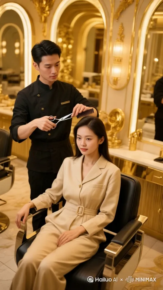 男理发师挥舞剪刀和梳子，手舞足蹈，疯狂的在女人的头发上剪头，速度特别快，快到看不清手，头发纷纷扬扬飘在空中，然后掉在地上，女人张大了嘴，然后双手捂脸，最后把手放下，大笑了起来。荒诞风格，写实主义，越荒诞越好。[推出,上升,下摇] by Hailuo AI Video Generator