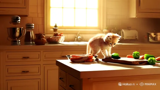 小猫在厨房切菜，炒菜视频 by Hailuo AI Video Generator