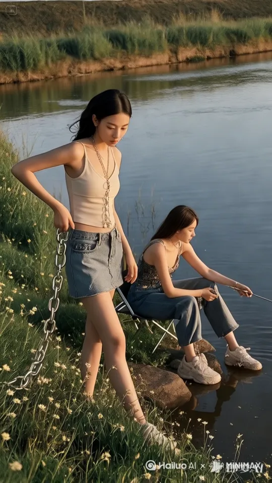 拿着铁链的女子，甩动铁链，把铁链的前端浸入水中 by Hailuo AI Video Generator