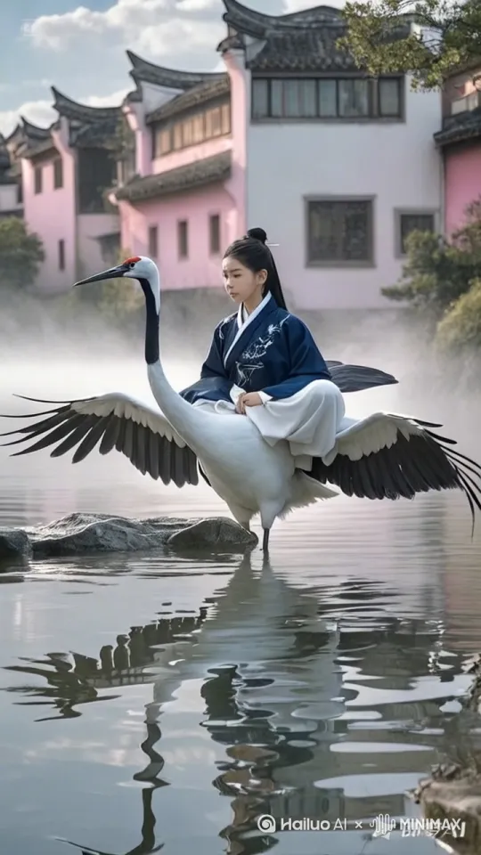无人机镜头，少女从白鹤身上飞到旁边的石头上，展示高超的中国工夫。 by Hailuo AI Video Generator
