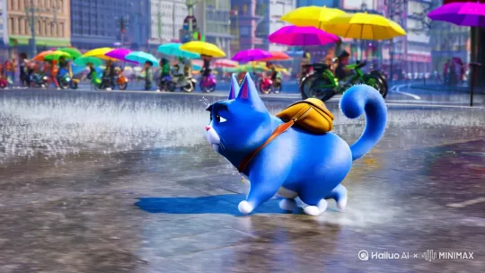 [左移,推进,右摇]一只蓝色的胖猫背着书包在雨里面奔跑 by Hailuo AI Video Generator