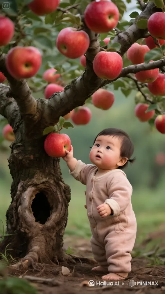 移动镜头。动态跟随。小孩把手中的苹果快速丢入树洞中。顿时奇迹发生。大树剧烈摇晃，从树洞中涌出很多小白兔，密密麻麻，遍地都是，有许多爬到树上。小孩一脸惊愕。 by Hailuo AI Video Generator