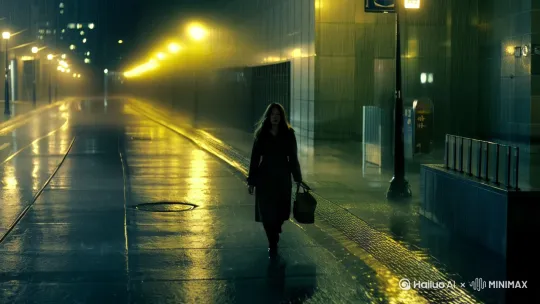 东方都市雨夜，昏黄灯光洒在潮湿路面，一位长发女子身穿深色风衣缓步走向地铁站，手中拎着一只旧包，神情紧张，街头灯光朦胧，画面富有胶片颗粒感，王家卫电影风格，低饱和色调，抽帧效果[下降,上摇] by Hailuo AI Video Generator