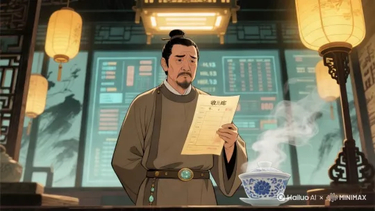 推镜头：从车间全景推到厂长面部微表情，背景虚化中出现半透明算盘拨动残影，伴随更漏滴水声效 by Hailuo AI Video Generator