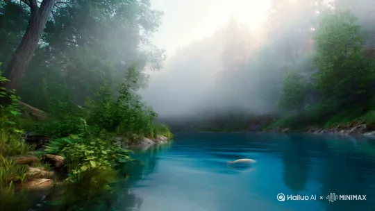 穿过大雾弥漫的森林，听到哗哗的流水水声，水中映射海蓝的天，清澈的水中鱼儿欢快的游，走出森林，远眺那日照的金山，白茫茫的雪覆盖近处的山头，雄鹰翱翔 by Hailuo AI Video Generator