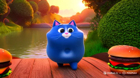 一只蓝色可爱的小胖猫站在江上大桥吹着风，旁边很多汉堡包 by Hailuo AI Video Generator