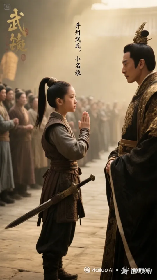 胡服男装，鹿皮靴沾满泥浆  
- 腰间别着镶金匕首（特写）  

李勣*惊呼："哪来的小娘子？！"  
**武则天**（割断袖口缠手）："并州武氏，请驯此马。" by Hailuo AI Video Generator