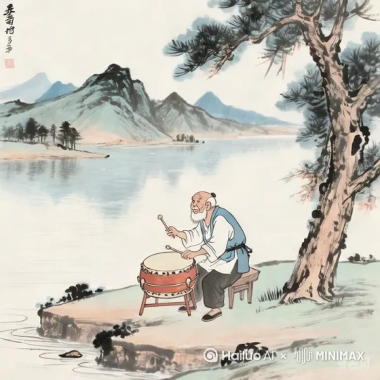 他手拿着鼓棒在上下挥舞着打鼓，镜头别动 by Hailuo AI Video Generator