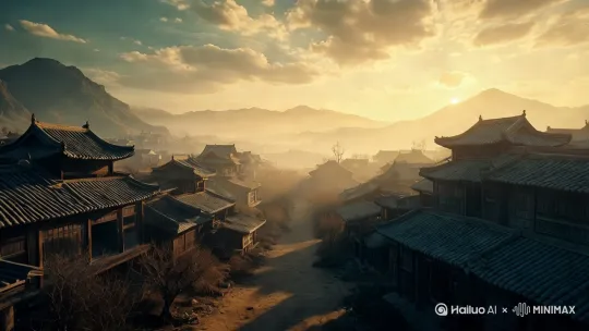 [推进,上升]远景逐渐推近，街上有行人和牛车经过，历史正剧质感，怀旧色调，木纹细节强化，8K超清画质，HDR光影效果 by Hailuo AI Video Generator