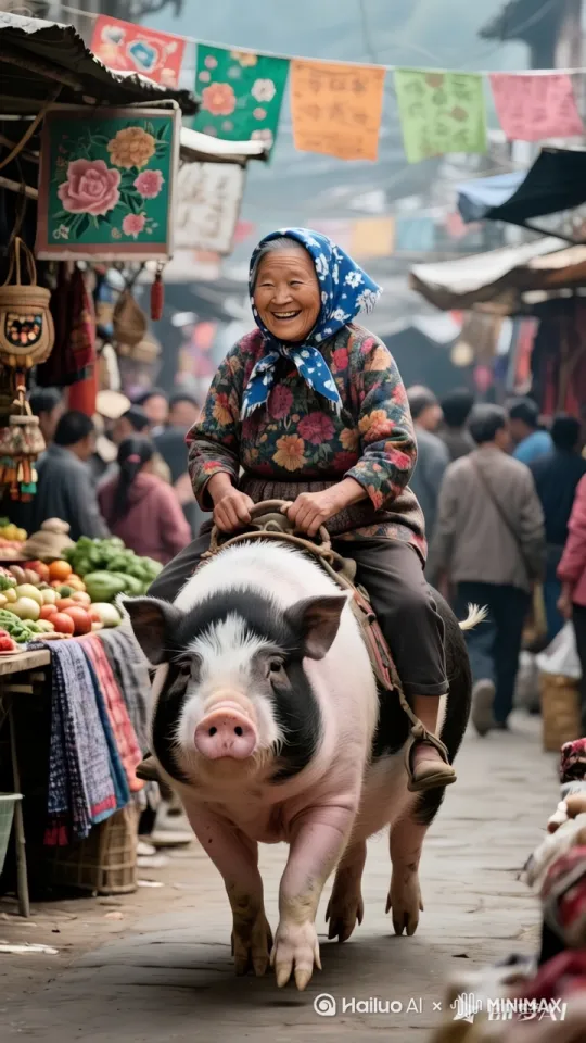 热闹的市集里，大娘骑着一只猪迎面走来，大娘兴高采烈，左右张望，镜头跟随，电影级画质 by Hailuo AI Video Generator