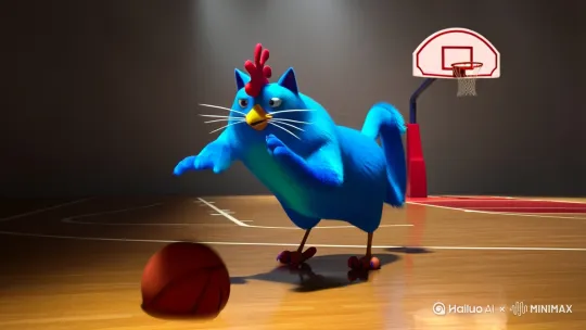 生成一只蓝色的胖猫，长着鸡脑袋，在打篮球 by Hailuo AI Video Generator