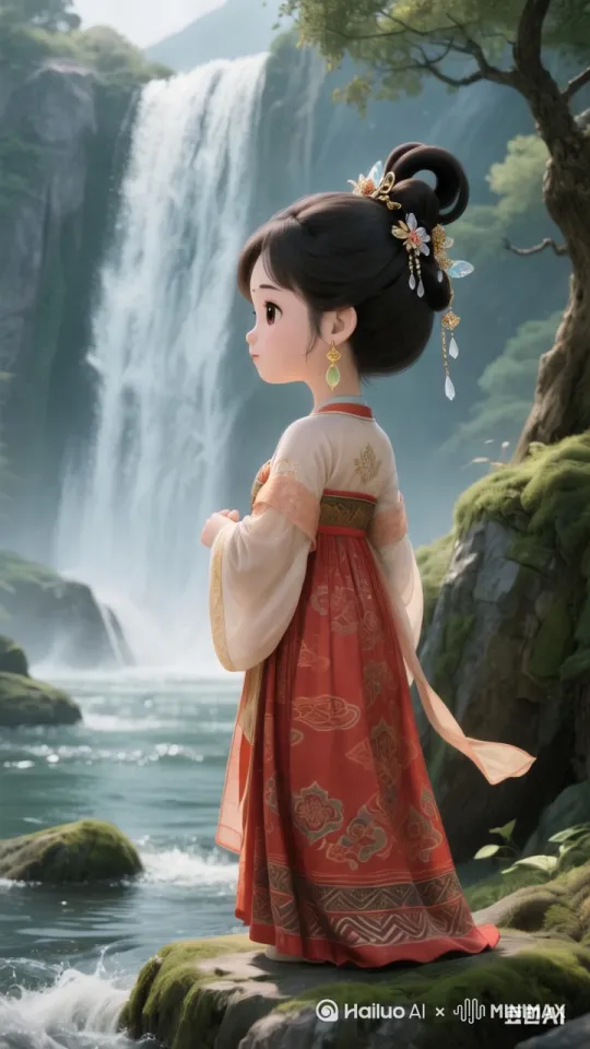 远看山有色，女孩看着远处，溪水瀑布流水 by Hailuo AI Video Generator