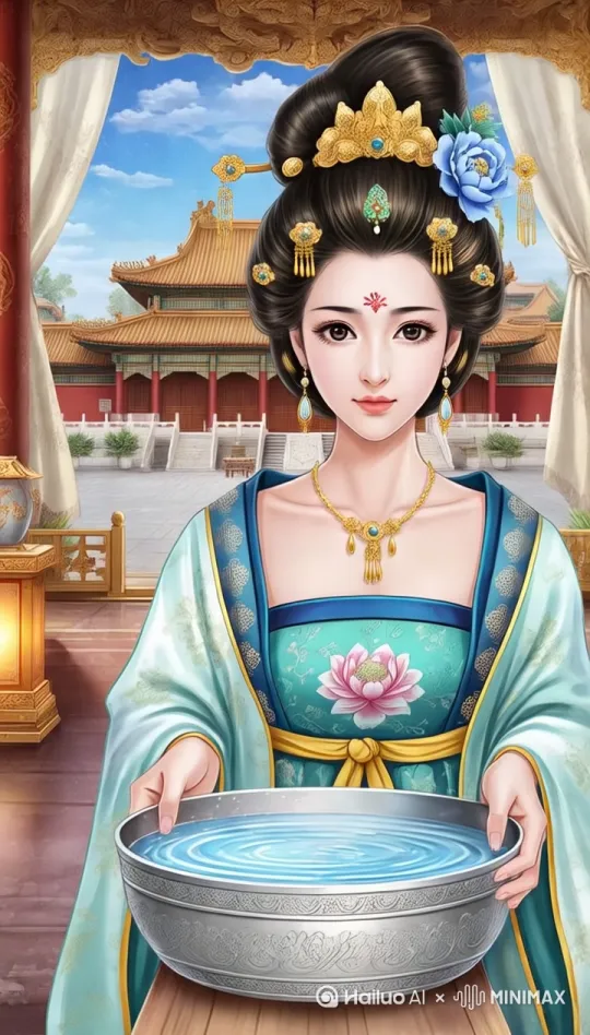 让图片中的人将盆里的水全部喝完，然后扔掉水盆往殿内大步而走[跟随] by Hailuo AI Video Generator