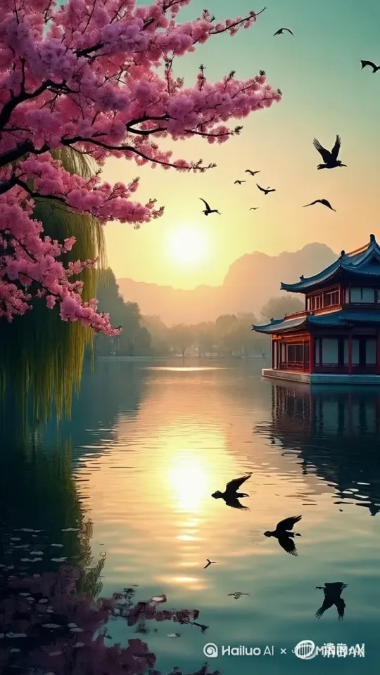 生成一段视频，呈现画面中黄昏湖景的动态之美。夕阳缓缓下沉，光线逐渐变化，色彩更加绚烂。樱花树枝摆动，花朵似在低语。湖面波光流转，飞鸟姿态各异，或振翅高飞，或贴近水面，让中式楼阁与山水在动态中尽显古韵与活力。电影质感32k by Hailuo AI Video Generator