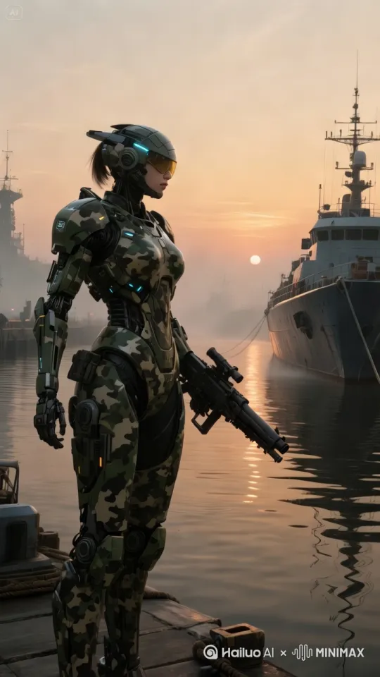 机械战士，在海岸线港口巡逻警戒，来回走动… by Hailuo AI Video Generator