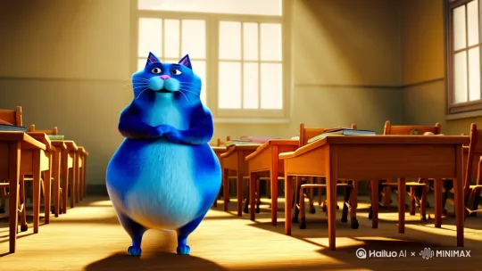 一只蓝色的胖猫在阳光明媚的教室里说话 by Hailuo AI Video Generator