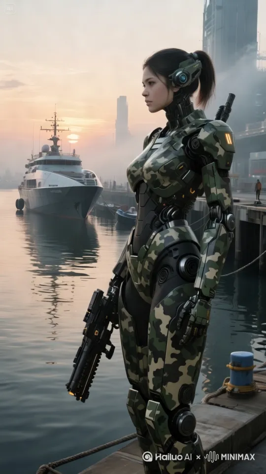 机械战士，向前走动，保持警戒，镜头跟随… by Hailuo AI Video Generator