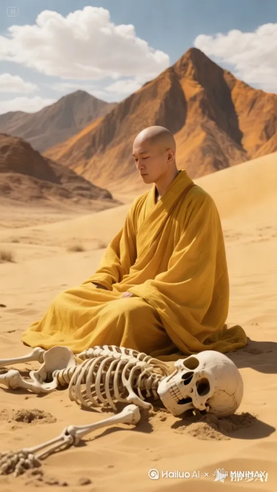 和尚施展法术，骷髅立刻站立起来，变成穿着白色纱质汉服的年轻漂亮丰满的美女，美女长发飘飘，跳现代舞 by Hailuo AI Video Generator