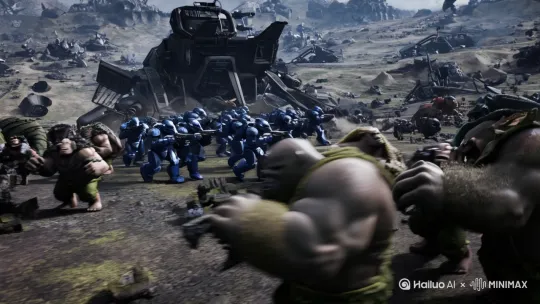战锤40K极限战士战团在战场上与绿皮兽人战斗 by Hailuo AI Video Generator