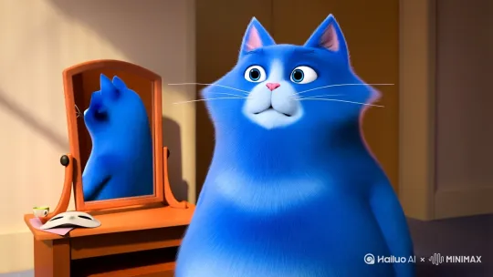 一只可爱的蓝色胖猫盯着宿舍的镜子然后摸着自己脸在照镜子，并且说出三句话。然后胖猫去找口罩，找来白色的口罩戴在自己的脸上。最后胖猫跑到校门口大声咆哮 并且露出无奈的表情。 by Hailuo AI Video Generator