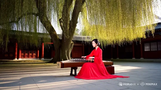 一个四合院，背后有一棵大柳树，在大柳树底下，有一位坐在大柳树底下弹着古筝的姑娘，身穿古红色的裙子，弹的曲子，《梁祝，》生成一副独一的视频 by Hailuo AI Video Generator