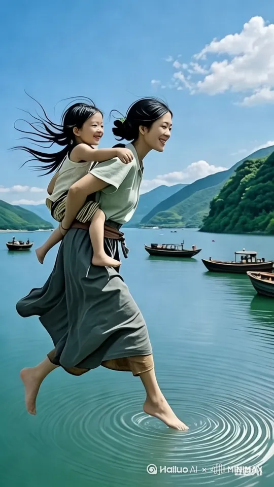 （左移，右搖，跟谁）年轻女人背着小女孩在湖面踏水快步越湖面。每踏一步都溅起了水花岸边群众有老有小，有男有女有牶手叫的，也有飞手的。 by Hailuo AI Video Generator
