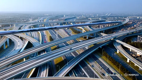 2075年，人类制造的工路，下面是普通公路，上面是悬空高速，高速的两边是高铁，高速的上面是悬空的超高速列车，错综复杂的路线没有红绿灯 by Hailuo AI Video Generator