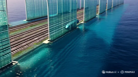 2075年，5条太平洋海底高速列车轨道运行着，与海水用高强度玻璃隔开 by Hailuo AI Video Generator
