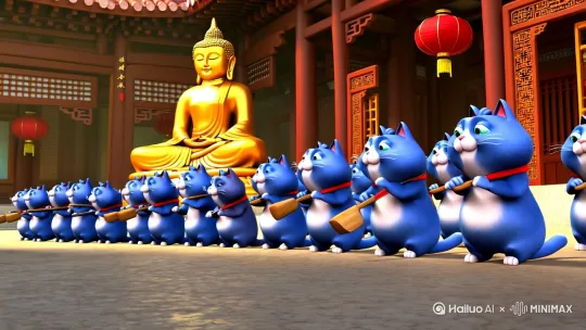 一群蓝色的胖猫，带着农民的工具。趴在地上，跪拜着佛像保佑。他们在佛庙里，那里全是中国古代古风格。佛像金光色。 by Hailuo AI Video Generator