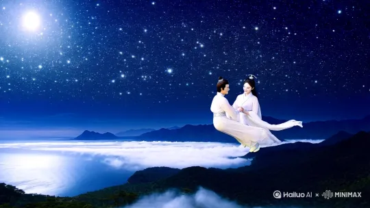 夜晚，繁星灿烂，月亮高悬。一对中国古代青年男女侠客，身穿白色的长袍和纱裙，手拉手在云雾中并肩飞行。下面是群山，大海和森林。男女侠客面容俊俏，脸部轮廓分明，面带微笑。（高清，8k，电影感。超现实主义。）运镜，左移，左摇跟随。。 by Hailuo AI Video Generator