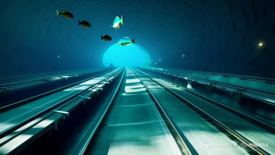 深海海底隧道内，4条高速轨道一眼望不到头，深海鱼类在隧道上方游走 by Hailuo AI Video Generator