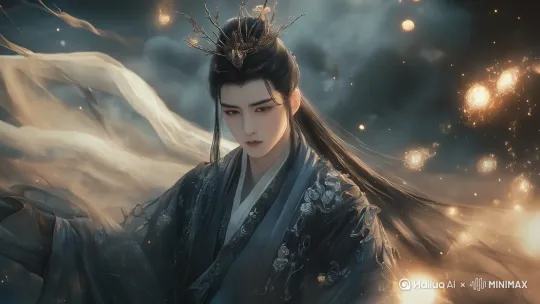 星光闪耀背景，旋转上移运镜，拉近到脸部特写， by Hailuo AI Video Generator