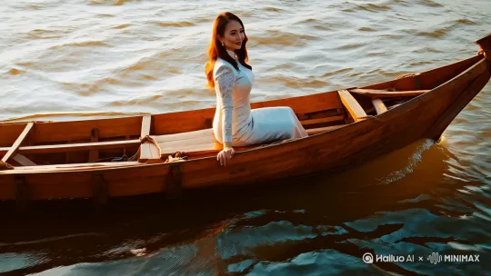 一个一个阳光明媚的午后，一个穿着性感的旗袍女子，坐在木船上碧波荡漾，妩媚动人 by Hailuo AI Video Generator