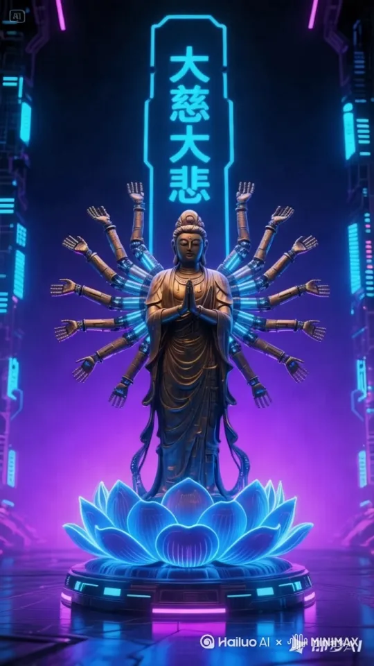 初始合十：双臂交叉于胸前，掌心向内，指尖轻触眉心（代表「合十印」，象征礼敬众生）。
• 莲花绽放：手臂呈放射状展开，掌心向外，手指如花瓣般逐层舒展（参考「白莲花手印」，象征功德圆满）。
• 降魔威慑：右手上举持「宝剑手印」（食指与中指并拢如剑锋），左手下垂结「降魔印」（掌心触地），配合肌肉线条的紧绷感（源自「宝剑手」降伏鬼神的寓意）。
• 慈悲接引：双臂呈环状下垂，掌心向上托举（「与愿印」），手指微微颤动，仿佛甘露从指尖滴落（对应「宝瓶手」善护眷属的意象） by Hailuo AI Video Generator
