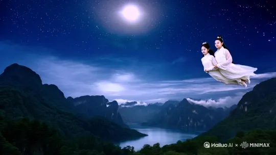 夜晚，星光灿烂，月亮高悬。一对中国古代青年男女。穿白色长袍和白色纱裙。在云中手牵着手俯身飞行，下面是高山，湖泊，深林。男女两人长像俊俏，脸部轮裹清秀（写真）。运镜左移，左摇，推进，高清拍摄，8k。电影感。 by Hailuo AI Video Generator