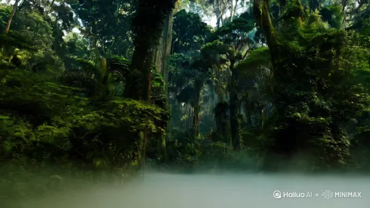 "生成一段4K超高清动态视频，展现暗黑风格热带雨林景象，树木高耸。主视角缓慢向前推进，仿佛探索者正在雨林中穿行。  
视频比例为9：16，地面有浅层雾气流动
[推进,上升] by Hailuo AI Video Generator