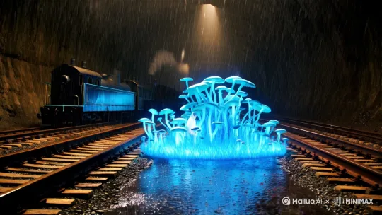 【奇幻触发点】
分镜7（12:22-13:05）
时间：暴雨突至的黄昏
场景：废弃铁道桥洞
镜头：手持晃动视角，雨水在镜头前形成扭曲滤镜
奇幻元素：荧光蓝的蘑菇群突然在铁轨枕木间螺旋生长，蒸汽火车幻影从1910年穿越而来
提示词：吉卜力魔幻雨景，流动的蓝光菌丝，生锈铁轨反光，透明雨衣少年，蒸汽火车半透明形态，雨滴悬停特效。 by Hailuo AI Video Generator