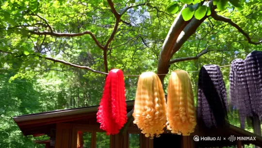 一排红色蕾丝假发，一排金色蕾丝假发，一排黑丝蕾丝假发，挂在森林木屋外面的大树上，随风摆动好似再跳舞 by Hailuo AI Video Generator