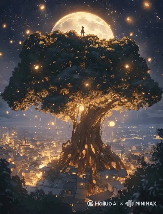 帮我生成一个视频：星辰闪烁，萤火虫飞舞，大树周围的吊灯在闪烁这，月亮在缓缓升起。比例 3:4。 by Hailuo AI Video Generator