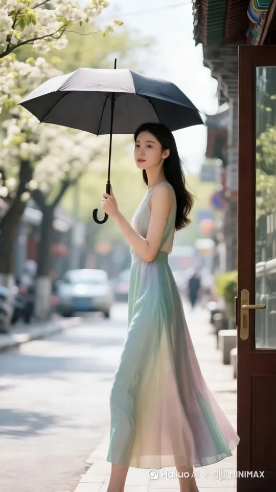 大风吹来，女子拽着雨伞飞走，飞过四合院房子的上空，缓缓地降落在一个超市门口，镜头移动，动态跟随 by Hailuo AI Video Generator