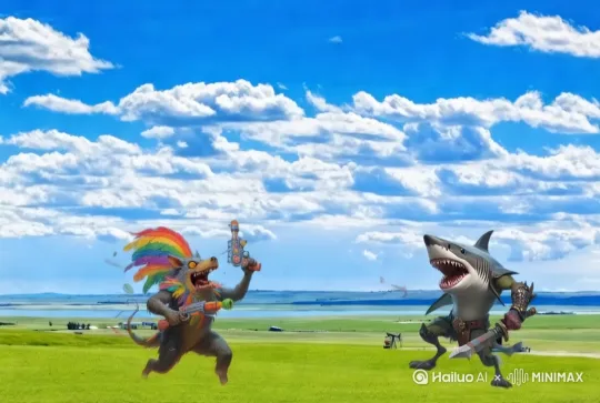 让他们打架，经过激烈的战斗后分出胜利
让他们分出胜负
左边的先拿枪像鲨鱼射击几下，然后右边的鲨鱼冲过来，然后进行肉搏战，鲨鱼跳起来一口把他头咬掉 by Hailuo AI Video Generator
