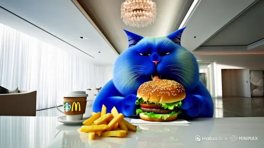 一只蓝色胖猫在吃麦当劳汉堡，旁边还有麦当劳薯条和星巴克咖啡 by Hailuo AI Video Generator