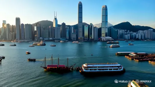 在香港维多利亚港湾风景的转场视频时长15秒，要求画面栩栩如生 by Hailuo AI Video Generator