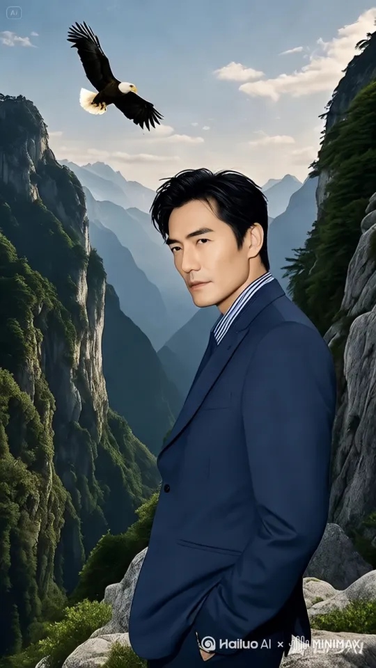 [俯拍]崇山峻岭，绿色如黛。在一处悬崖上，一块五彩的石头熠熠发光。[推进，镜头垂直向下与石头平齐]石头出现全身，突然碎成无数渣渣布满整个画面，渣渣隠隠消散，主体人物叠影出现清晰。 by Hailuo AI Video Generator