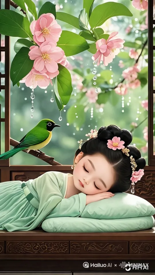 - 视频动画提示词：镜头从春日庭院缓缓推近至闺房窗户，透过窗户展示屋内整体环境，再慢慢聚焦到熟睡的美少女，同时展现窗台上的鸟与窗外海棠树，画面色彩柔和，营造出静谧氛围，适当添加轻柔的虫鸣声。 by Hailuo AI Video Generator