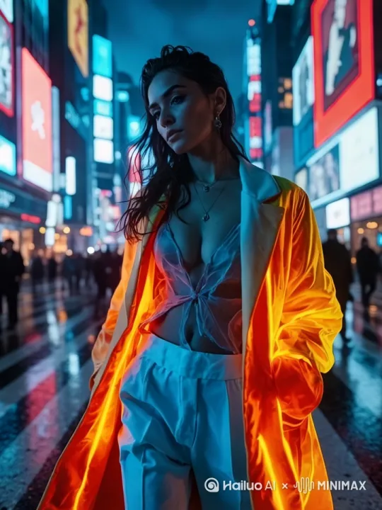 女子街拍+轻微的动作 + 目光跟随镜头 + 闪光灯不断的闪烁 + 夜晚 + 霓虹灯 + 下雨 + 路人撑伞经过 + 电影感 + 超现实色彩 + 城市的孤独感[推出,上升,下摇] by Hailuo AI Video Generator
