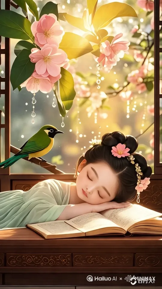 - 视频动画提示词：镜头从春日庭院缓缓推近至闺房窗户，透过窗户展示屋内整体环境，再慢慢聚焦到熟睡的美少女，同时展现窗台上的鸟与窗外海棠树，画面色彩柔和，营造出静谧氛围，适当添加轻柔的虫鸣声。 by Hailuo AI Video Generator