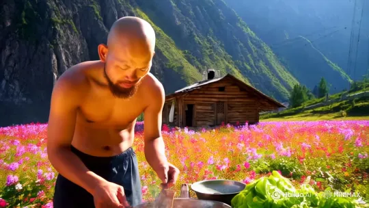 在山腳下有一片花海，有一個小木屋，有個男生在木屋門口做飯，光著上身，胸肌腹肌展示了勞動的魅力，在地裡摘菜炊煙嫋嫋， by Hailuo AI Video Generator