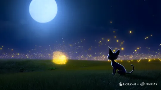 在寂静的夜里，墨色的天空像一块巨大的绸缎。月光轻柔洒下，照亮了一片静谧的草地。无数萤火虫漫天飞舞，散发着点点暖黄光芒，似繁星坠落人间 。一只浑身黑亮的小猫蹲在草地中央，它好奇地看着这些闪烁的光点。突然，萤火虫如被召唤般，纷纷朝黑猫飞去，将它笼罩其中。光芒闪烁间，黑猫的轮廓渐渐模糊。待光芒消散，原地出现了一个长着黑色猫耳的小女孩，她的眼睛像宝石般明亮，带着懵懂与惊喜打量着四周，发丝在夜风中轻轻飘动 。 by Hailuo AI Video Generator